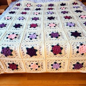Hand-crocheted Granny Square With Floral Petal Throw Blanket 65"x81" Bed Cover